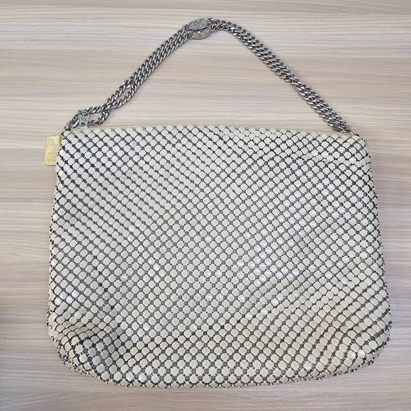 Vintage Metal Mesh Clutch Purse Silver Gold Chain Strap Cream Cocktail Bag Glam